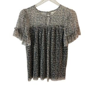 Max Studio Women Mesh Floral Short Sleeve Top Blue Boho Cottagecore Fairy XS
